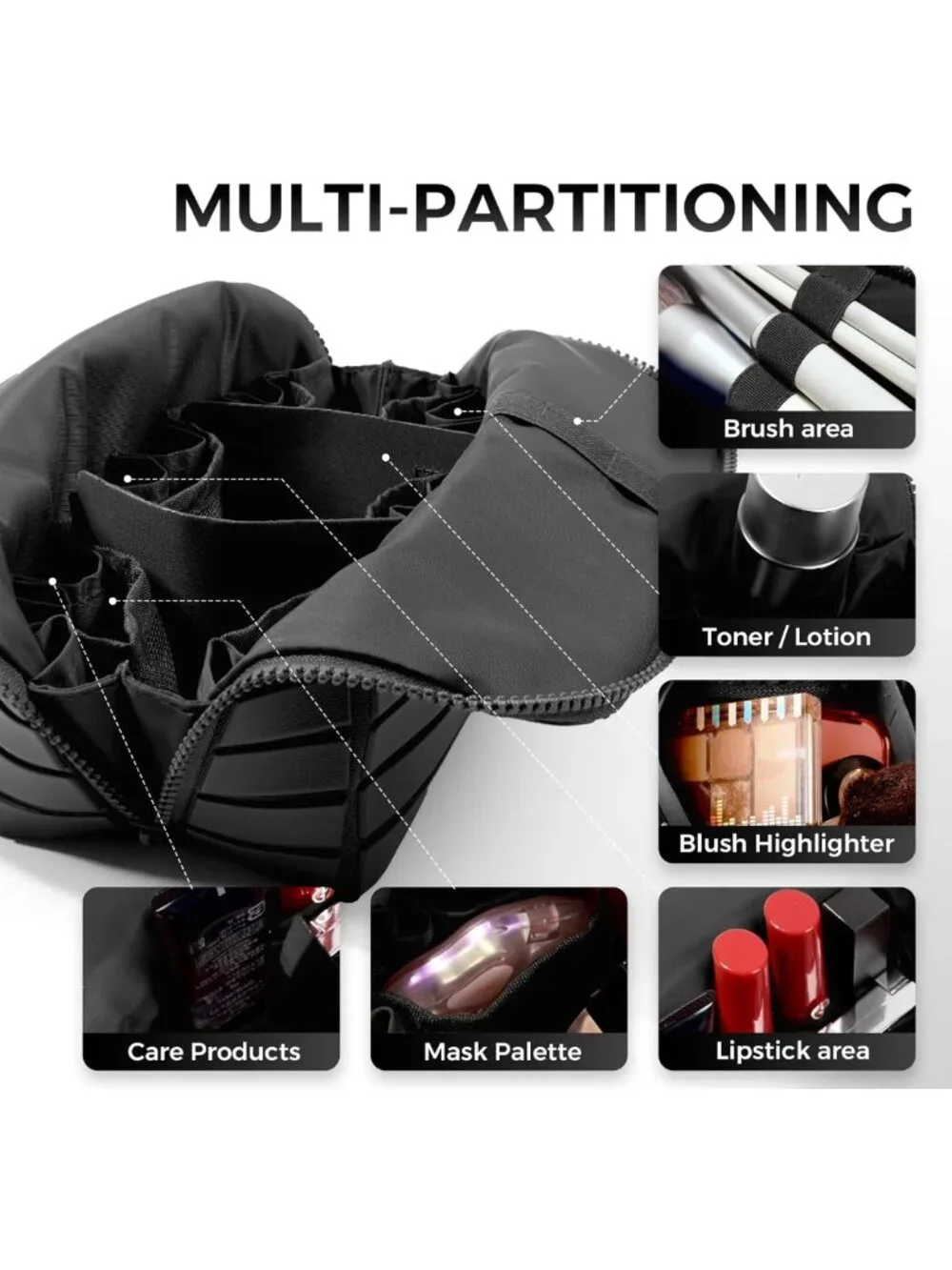 Large Capacity Travel Makeup Organizer Bag - Fold-Down Design, 27 Pockets